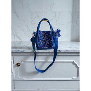 AMERICA & BEYOND Blue Beaded Floral Satchel Crossbody Bag